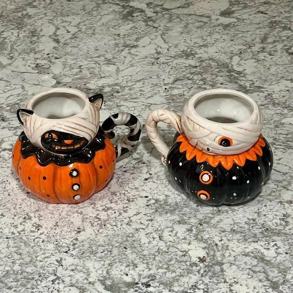 Johanna Parker Halloween Ceramic Cat Mummy Mugs Bundle (2)